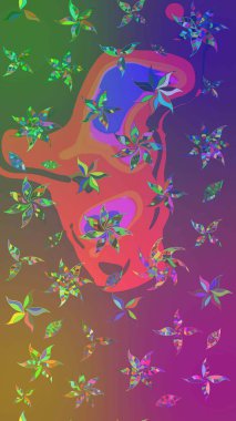 Mor ve yeşil renklerdeki çok renkli ve yeşil zarif küçük çiçekler ve komik böcekler, raster desen, illüstrasyon.