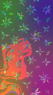 Sevimli çiçek raster deseni. Düz Çiçek Elementleri Tasarımı. Renkli Bahar Teması eskiz kalıbı. Mor ve yeşil renkte çiçekler.