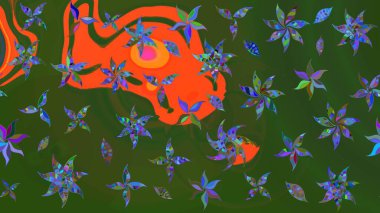 Çiçek desenli eskiz, yaz çiçekleri. Yeşil ve turuncu renkli çiçekler. Renkli Bahar Teması eskiz kalıbı. Düz Çiçek Elementleri Tasarımı.