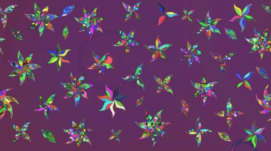 Modern çiçek arkaplanı. Moda baskıları için zarif bir şablon. Parlak renkli çiçekleri olan ve mor ve yeşil renkte yaprakları olan harika bir çiçek deseni. Halk stili.