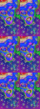 Nazik romantik baskı. Mavi ve mor renkli çiçekler. Tatil havası. Bahar mevsimi. Raster güzel bir çiçek deseni çiziyor..