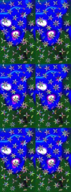 Soyut etnik raster çizim kalıbı. Kabile sanatı boho baskısı, klasik çiçek arkaplanı. Arkaplan dokusu, duvar kağıdı, mavi ve yeşil renkli çiçek teması.