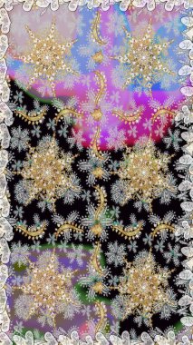 Süslü dekorasyon. Damask altın soyut çiçek gri ve nötr renklerde pürüzsüz desen. Raster illüstrasyonu.