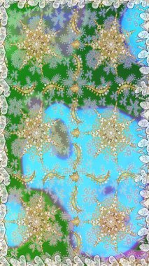 Mavi ve nötr renklerde altın desenli altın elementler. Düz elle çizilmiş klasik koleksiyon. Raster altın pürüzsüz desen. Arkaplan, kumaş, altın duvar kağıdı.