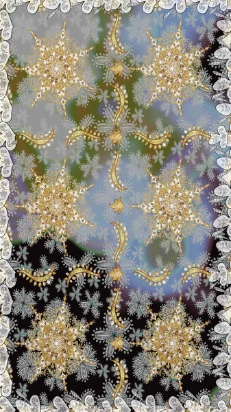 Tekrarlayan elementlerle soyut arkaplan oluşturun. Gri ve nötr renklerde altın ve altın elementler. Kusursuz damaske klasik altın desen. Raster illüstrasyonu.