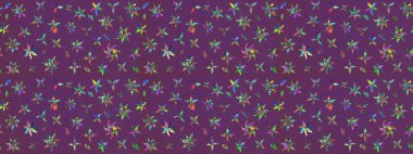 Raster illüstrasyonu. Mor ve yeşil renklerde. Mor ve yeşil renkte mor ve yeşil papatyalar deseni.