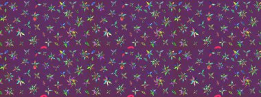 Raster illüstrasyonu. Çiçek ve yapraklı karalama şeklinde Raster çiçek deseni. Yumuşak, bahar çiçekleri mor ve yeşil renklerde.