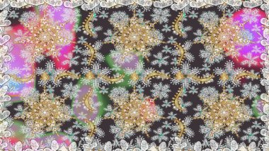 Kusursuz kıvırcık saçlar. Raster altın desen. Doğulu stil altın deseni gri ve nötr renklerle altın elementlerle donatır.