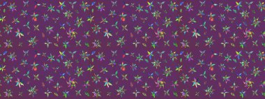 Raster illüstrasyonu. Mor ve yeşil renklerde. Mor ve yeşil renkte mor ve yeşil papatyalar deseni.