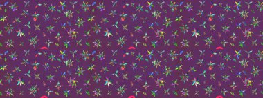 Raster illüstrasyonu. Çiçek ve yapraklı karalama şeklinde Raster çiçek deseni. Yumuşak, bahar çiçekleri mor ve yeşil renklerde.