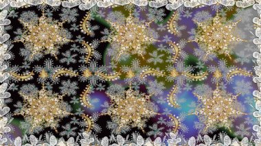 Gri ve nötr renklerde ve altın elementlerle kusursuz klasik desen. Noel, kar tanesi, yeni yıl 2019.