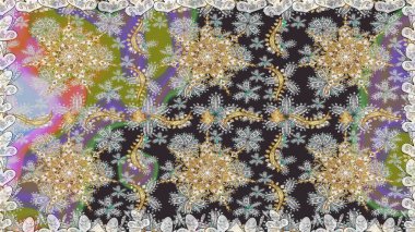 Hassas altın deseni açın. Kusursuz altın desenli bukleler. Parlak dantel, stilize çiçekler, şal desenli. Raster. Gri renklerde, altın elementlerle kusursuz desen. Doğu tarzı arabesk.