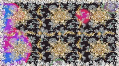 Kart, duvar kağıdı, ambalaj ve tekstil için klasik tasarım. Raster illüstrasyonu. Gri ve kahverengi renkli Royal retro. Klasik çiçek dokusu. Altın şablon. Kusursuz desenli altın elementler.