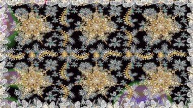 Süslü dekorasyon. Raster illüstrasyonu. Damask altın soyut çiçek gri ve siyah renkler üzerinde pürüzsüz desen.