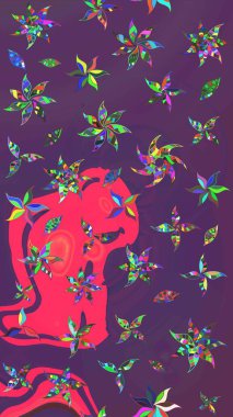 Raster Floral Illustration, Asyalı tekstil. Mor ve pembe renkli etnik çiçeklerle zarif bir eskiz deseni..