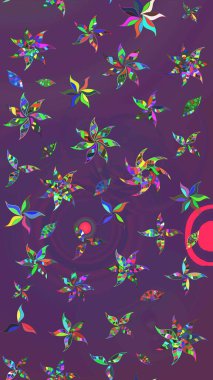 Parlak renkli fantezi çiçekleri, yapraklar, mor ve mor renkli tomurcuklar, mor ve menekşe rengi. Suluboya el çizimi elementli çiçek çizimi deseni.