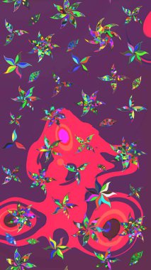 Raster illüstrasyonu. Yumuşak, bahar çiçekleri mor ve pembe renklerde. Çiçek ve yapraklı karalama şeklinde Raster çiçek deseni.