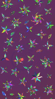 Moda baskıları için zarif bir şablon. Parlak renkli çiçekleri olan ve mor ve yeşil renkte yaprakları olan harika bir çiçek deseni. Modern çiçek arkaplanı. Halk stili.