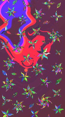 Çiçekli karalama şeklinde Raster çiçek deseni. Kahverengi ve mor renkte yaz çiçekleri. Raster illüstrasyonu.