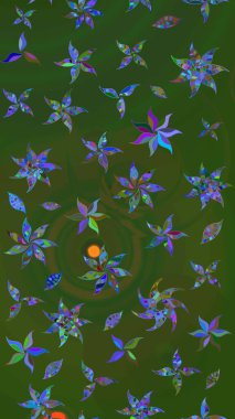 Yapraklı çiçekler ve yeşil ve mavi renkli papatya çiçekleri. Eskiz arkaplan modeli. Raster - stok.