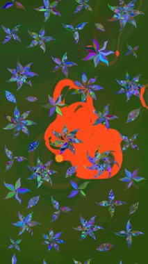 Çiçekli karalama şeklinde Raster çiçek deseni. Nazik, sevimli çiçek arkaplanı. Yeşil ve turuncu renkte çiçekler.