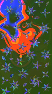 Raster illüstrasyonundaki çiçek desenli çizim. Yeşil ve mavi renkte çiçekler. Renkli Bahar Teması eskiz kalıbı. Düz Çiçek Elementleri Tasarımı.