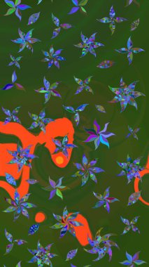 Küçük çiçekli yay deseni çiz. Raster illüstrasyonu. Suluboya tarzında yeşil ve turuncu renkler üzerine.