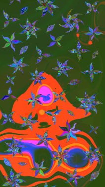 Parlak çiçekli yeşil ve turuncu renkler üzerine soyut çizim deseni. Çiçeksel elementlerle süslenmiş zarif raster dokusu. Küçük çiçekte şirin bir çiçek deseni var..