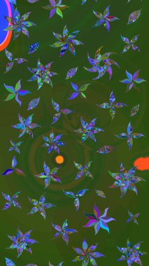 Yeşil ve mavi renkte güzel çiçekler, suluboya desenli, duvar kağıdı, kart ya da kumaş için fayanslı eskizler. Raster..