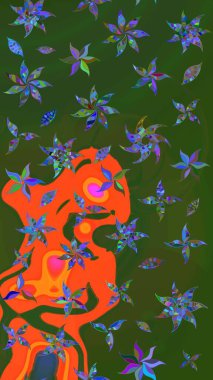 Çiçekli karalama şeklinde Raster çiçek deseni. Yumuşak, bahar çiçekli arka plan. Yeşil ve turuncu renkte çiçekler.