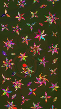 Çiçeksel fantezi tasarımı ve parlak bir arka plan çizimi. Düz Çiçek Elementleri Tasarımı. Renkli Bahar Teması çizim şablonu.