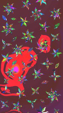 Moda baskıları için zarif bir şablon. Halk tarzı. Parlak renkli çiçekleri ve kahverengi ve kırmızı renkte yaprakları olan harika bir çiçek deseni. Modern çiçek arkaplanı.