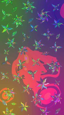 Raster çiçek desenli çiçek deseni, yapraklar, dekoratif elementler, sıçrama, lekeler, el çizimi kontur çizgileri ve Doodle çizim stili, grafik raster çizim çizimi.