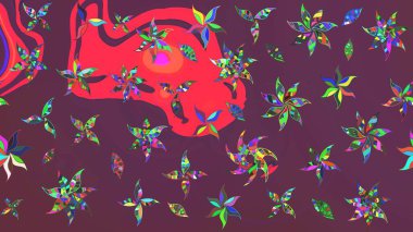 Çiçek desenli çizim. Raster illüstrasyonu. Asya tekstil tarzında. Kahverengi ve pembe renkli çiçekler. Raster illüstrasyonu.