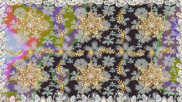 Hassas altın deseni açın. Kusursuz altın desenli bukleler. Parlak dantel, stilize çiçekler, şal desenli. Raster. Gri renklerde, altın elementlerle kusursuz desen. Doğu tarzı arabesk.