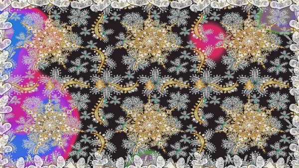 Kart, duvar kağıdı, ambalaj ve tekstil için klasik tasarım. Raster illüstrasyonu. Gri ve kahverengi renkli Royal retro. Klasik çiçek dokusu. Altın şablon. Kusursuz desenli altın elementler.