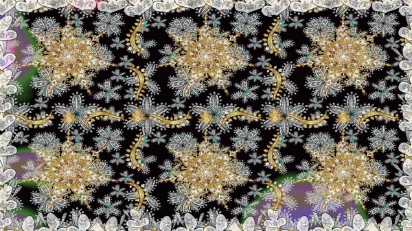 Süslü dekorasyon. Raster illüstrasyonu. Damask altın soyut çiçek gri ve siyah renkler üzerinde pürüzsüz desen.