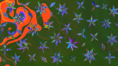 Çiçekli eskiz deseni. Suluboya çizimi. El çizimi. Yeşil ve turuncu renkte çiçekler.