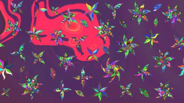 Mor ve pembe renkte manzaralı çiçek deseni. Çiçek kompozisyonu, el boyası, hassas şablon. Sevgililer günü ve tebrik kartı konsepti için şık bir davetiye. Üst görünüm, yumuşak biçim.