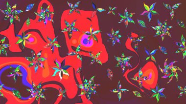 Küçük çiçekte hoş bir çiçek deseni var. Çiçeksel elementlerle süslenmiş zarif raster dokusu. Parlak çiçekli kahverengi ve kırmızı renkler üzerine soyut çizim deseni.