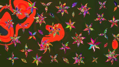 Raster illüstrasyonu. Yeşil ve gri renkli çiçekler. Çiçek desenli eskiz, vuruşlar, sıçramalar, yaz çiçekleri..