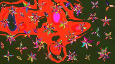 Güzel kumaş deseni. Raster illüstrasyonu. Kırmızı ve yeşil renklerde. Raster illüstrasyonunda çiçek deseni çizimi.