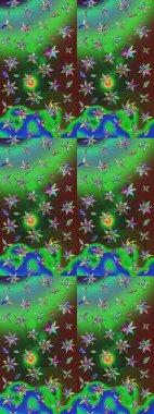 Moda baskıları için zarif bir şablon. Küçük çiçekte güzel bir desen. Yeşil ve mavi çiçekli bahar çiçekleri. Motley illüstrasyonu. Küçük renkli çiçekler..