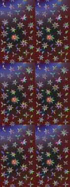 Çok renkli ve kahverengi zarif küçük çiçekler ve mor ve kahverengi renkli komik böcekler, raster desen, illüstrasyon.