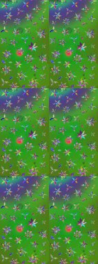 Yeşil ve mor renkli çiçekler. Düz Çiçek Elementleri Tasarımı. Raster illüstrasyonu. Renkli Bahar Teması eskiz kalıbı. Çiçekli çiçek deseni, suluboya..