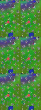 Yeşil ve mavi renkte çiçekler. Hediye ambalaj kağıdı, tebrik kartları, posterler ve pankart tasarımı. Raster düz çiçek çizim deseni.