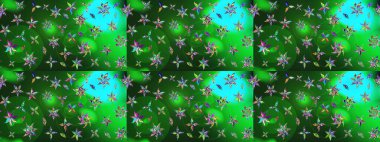 Yeşil ve mavi renkte çiçekler. Raster illüstrasyonu. Çiçek desenli çizim. Raster illüstrasyonu. Asya tekstil tarzında.