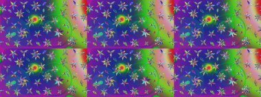 Düz Çiçek Elementleri Tasarımı. Raster illüstrasyonundaki çiçek desenli çizim. Renkli Bahar Teması eskiz kalıbı. Yeşil ve mavi renkte çiçekler.