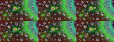 Kumaş desenli papatya çiçeği detayı. Yeşil ve kahverengi renkte çiçekler.