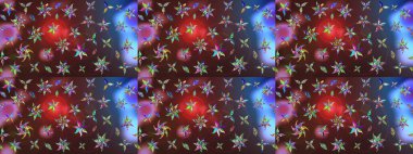 Renkli grunge, soyut arkaplanı kolonya ve mor çiçeklerle süslüyor. Parmak izi, kumaş, duvar kâğıdı, tekstil için raster dokusu. Nakış desenli çiçek deseni..